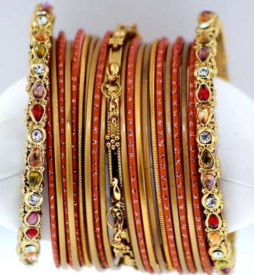 EXQUISITE ROSAMARIPOSA GOLDTONE 22pcs INDIAN BANGLE SET WITH RED AND PINK CRYSTALS