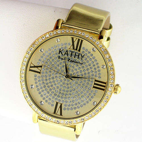 PURE GOLD BLING! KATHY VAN ZEELAND CRYSTAL ACCENTED BLING GOLDTONE WATCH