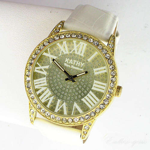 GLITZY AND GLAMOROUS! KATHY VAN ZEELAND CRYSTAL BLING GOLDTONE WATCH