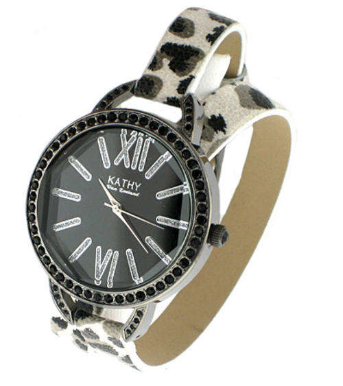 REDUCED PRICE! KATHY VAN ZEELAND BLACK CRYSTAL LEOPARD WRAP AROUND STRAP WATCH