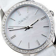 Winter White! DKNY Ladies White Mother-of-Pearl Crystal Patent Leather Watch