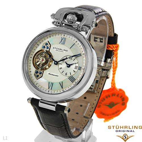 BRAND NEW! STUHRLING EMPEROR AUTOMATIC OPEN HEART DUAL TIME MOP SILVER TONE DIAL MENS WATCH