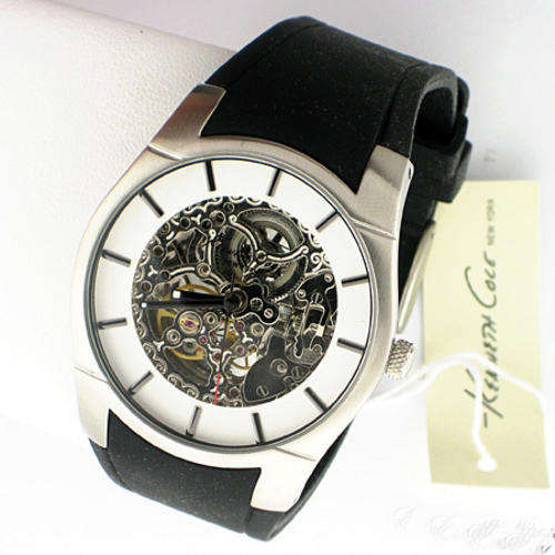 STUNNING! KENNETH COLE NEW YORK AUTOMATIC SKELETON MEN'S BLACK RUBBER STRAP WATCH