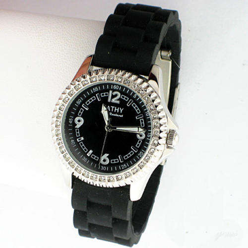 FUNKY, BLING!! KATHY VAN ZEELAND BLACK CRYSTAL BLING  WATCH WITH BLACK RUBBER BAND