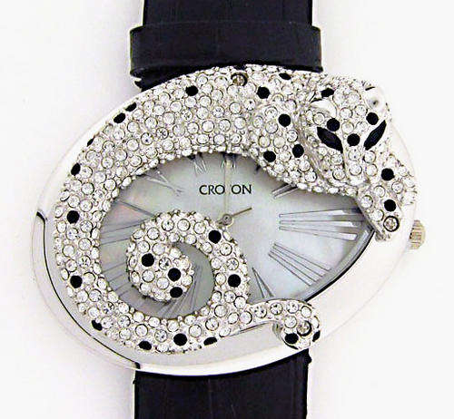 EXQUISITE! CROTON LEOPARD CRYSTAL AND ONYX WITH MOP LADIES WATCH