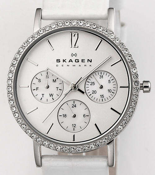SKAGEN WOMENS SILVER TONE SWAROVSKI CRYSTALS AND GENUINE WHITE LEATHER STRAP