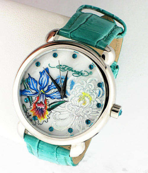 ED HARDY WOMENS TURQUOISE GREEN GARDEN MOP WATCH WITH LEATHER CROCO EMBOSSED STRAP