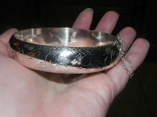 Silver 925 Bracelet Bangle With Safety Chain