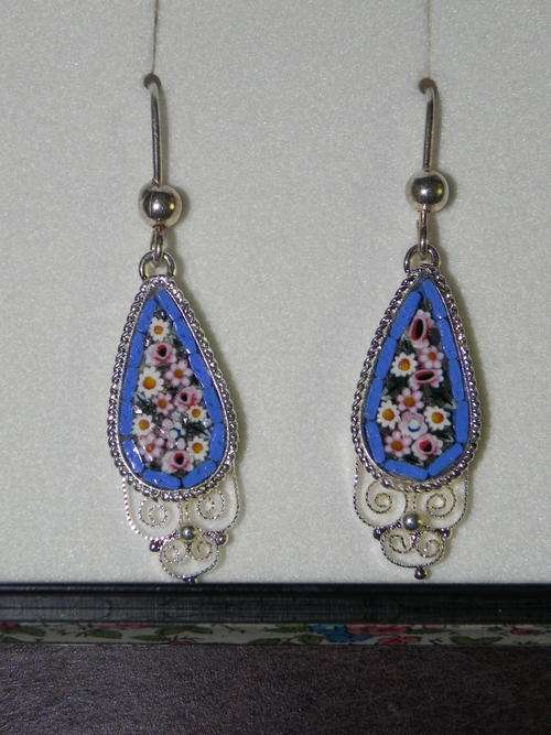 Italian Silver Mosaic Hook Through Dangling Earrings