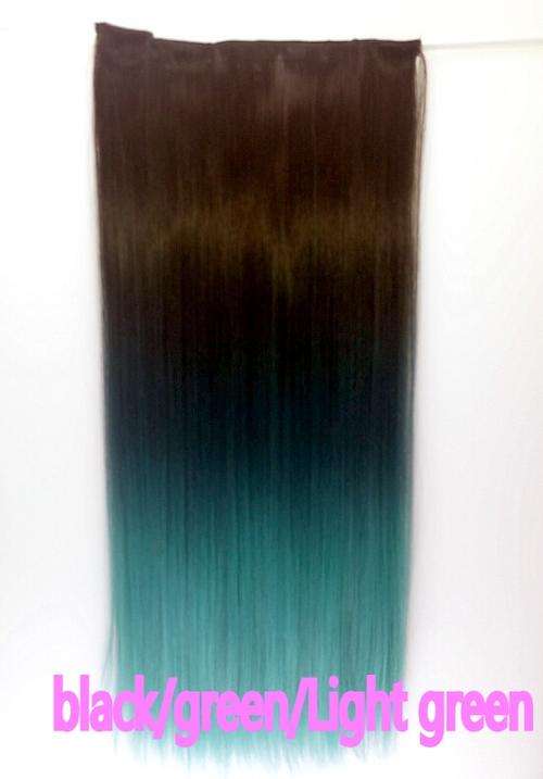 Ombre black,teal green light green clip in hair extensions