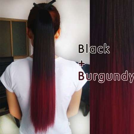 Straight black and red ombre tie on ponytail hair extensions