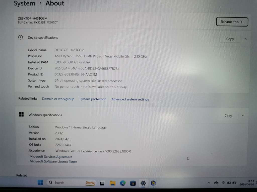 Asus Tuf 1F Laptop FD505D RYZEN5 8GB Memory + 512GB NVME
