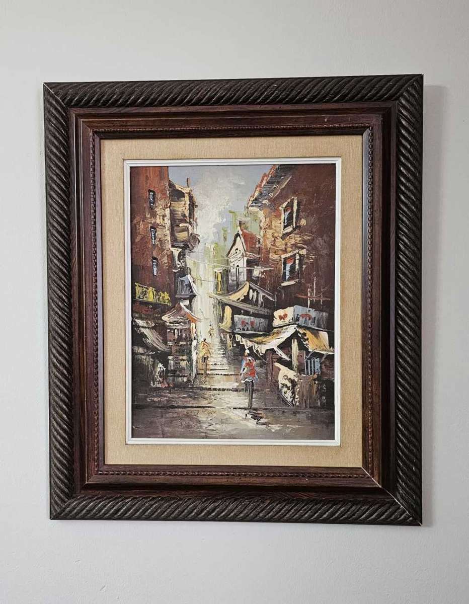 Vintage Street Scene Oil Painting in Beautiful Frame