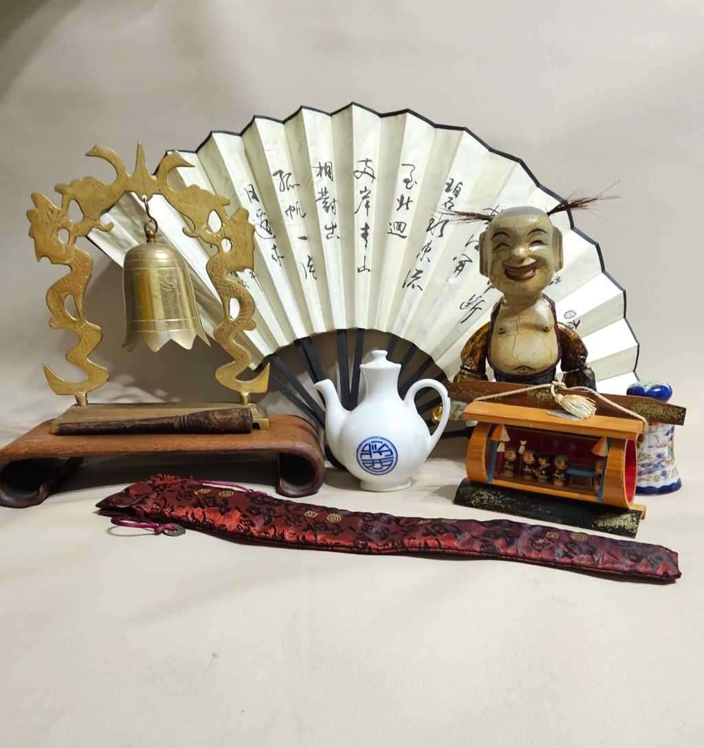 Vintage Chinese Collection - Bell, Fan, Porcelain, Puppet etc.