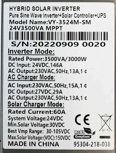Hybrid Inverter 24V 3.5KVa / 3000 W MPPT Fivestar.
