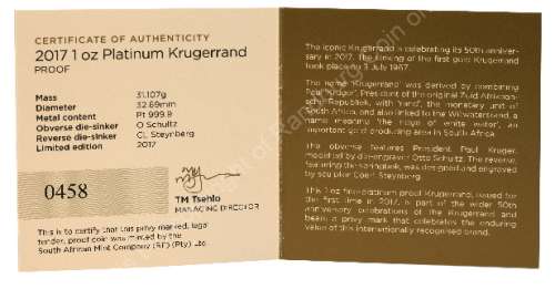 2017 Proof 1oz R10 Krugerrand Platinum Coin 50Yr Mint mark