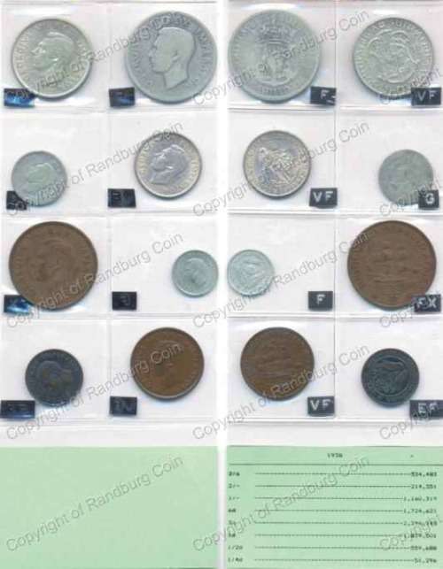 *#* 1938 SA Union Coins Set in a plastic sleeve, grades as per original collector *#*