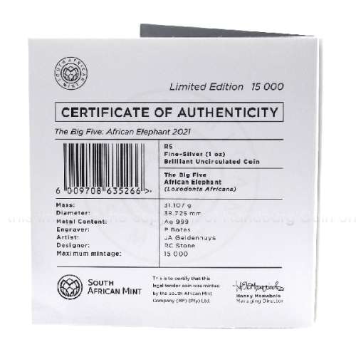 *#* 2nd Series 2021 R5 - 1oz Fine Silver B Uncirculated Big Five African Elephant *#*