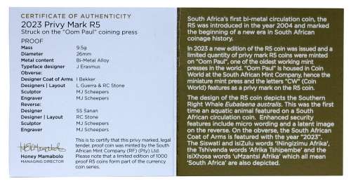 *#*  2023 SA Bi-Metal Whale. R5 Oom Paul Mint Mark *#*