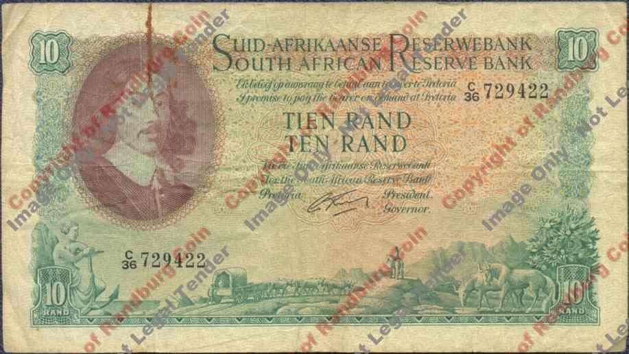 *#* G RISSIK - 1st Issue - 10 Rand Afr/Eng - F - Pin holes and rust mark *#*
