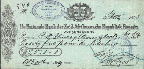1893 De Nationale Bank der Z.A.R Cheque for 25 Pounds Stamped by Witwatersrand Gold Mining Company