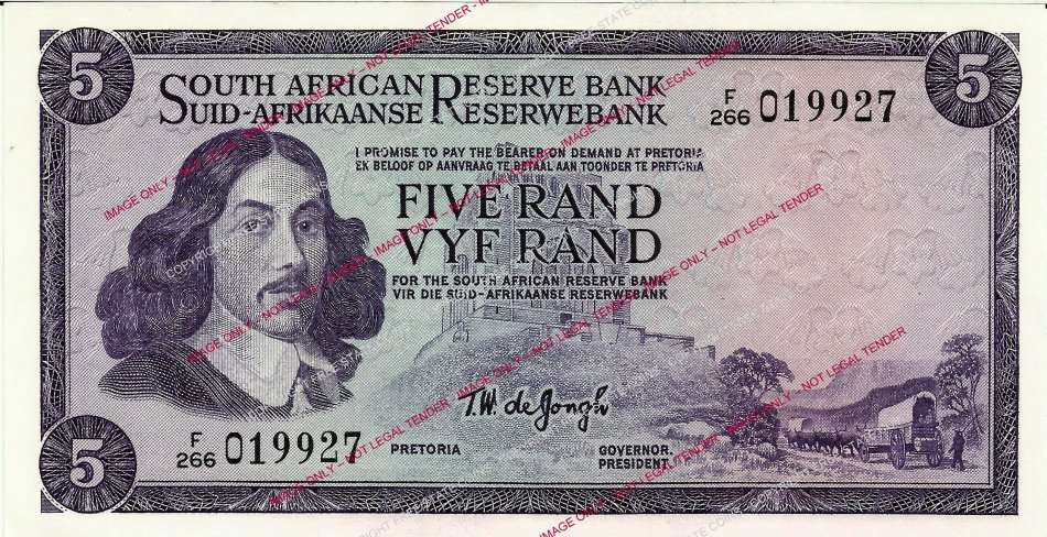 1975-1976 South Africa T.W. de Jongh 3rd Issue R5 Banknote (EF) 2016 Herns catalogue value is R125ea