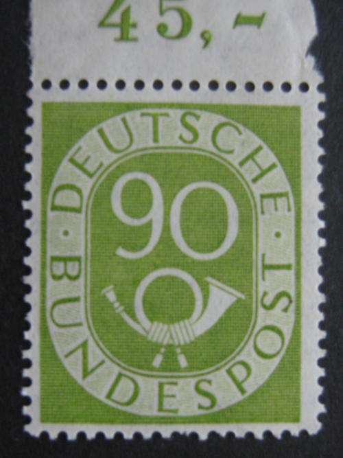 1951 GERMANY FEDERAL REPUBLIC NUMERAL & POSTHORN 90pf. GREEN + ORIGINAL GUM  HIGH C/V MINT STAMP