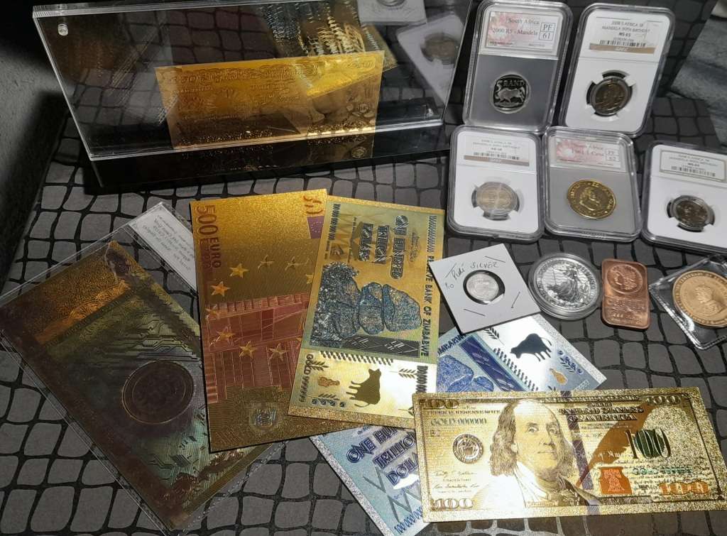 1 bid TAKE ALL, Mixed lot of 24k Foil banknotes, graded coins & precious metals.