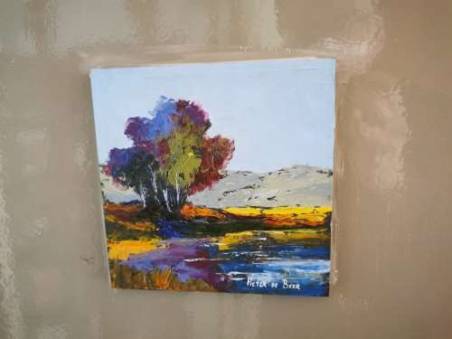 Oil Painting On Wood Block -  Farm Landscape 1 - 16 x 16 x 1cm