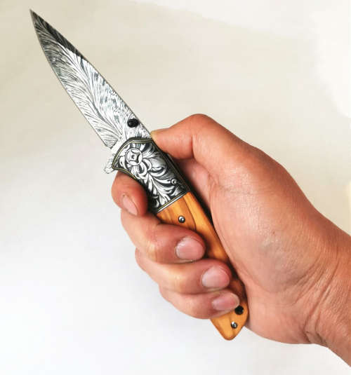 Folding Knife Damascus Knife Blade - Flick Knife - Brown CM-77