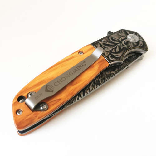 Folding Knife Damascus Knife Blade - Flick Knife - Brown CM-77