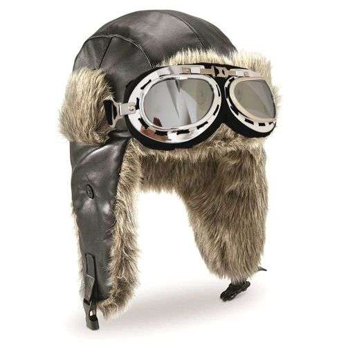 Leather Winter Hat Trapper Hat Pilot Ushanka Ski Hat + Goggles - Brown