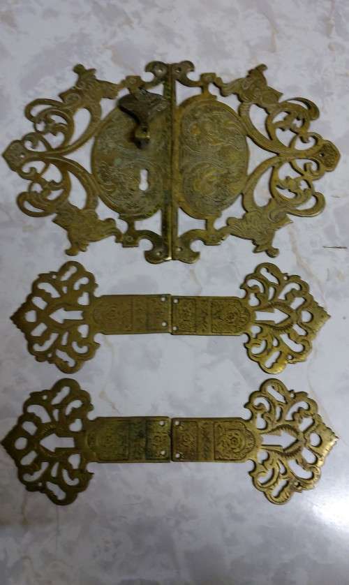 Antique Cabinet brass Hinges and set of handle/lock (sold as one set)