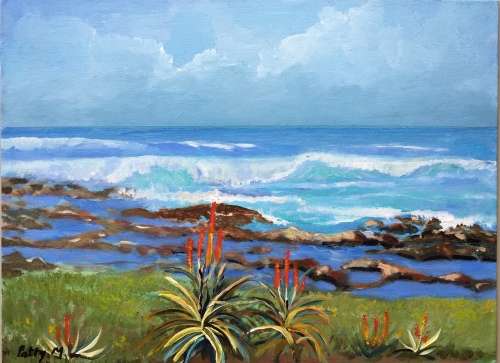 "Aloes on the Beach" Original Seascape by Patty Mynhardt