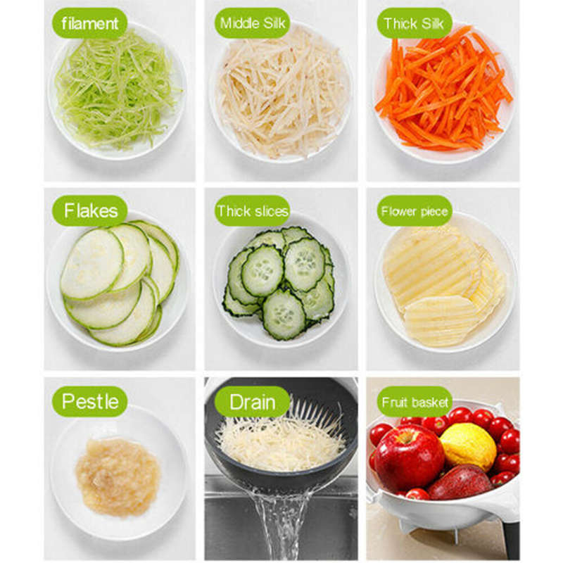 Convenient 9 In 1 Multifunctional Magic Rotating Vegetable And Fruit Cutter Grater With Cleaning Bas