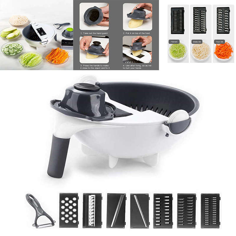 Convenient 9 In 1 Multifunctional Magic Rotating Vegetable And Fruit Cutter Grater With Cleaning Bas