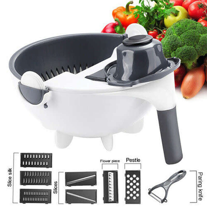 Convenient 9 In 1 Multifunctional Magic Rotating Vegetable And Fruit Cutter Grater With Cleaning Bas