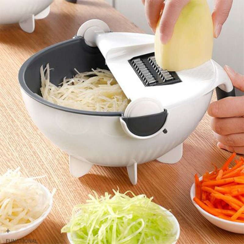 Convenient 9 In 1 Multifunctional Magic Rotating Vegetable And Fruit Cutter Grater With Cleaning Bas