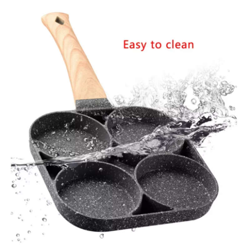Convenient 4-Hole Omelette Pan For Hamburger Egg Ham Pancake Maker Wooden Handle Frying Pan Chef