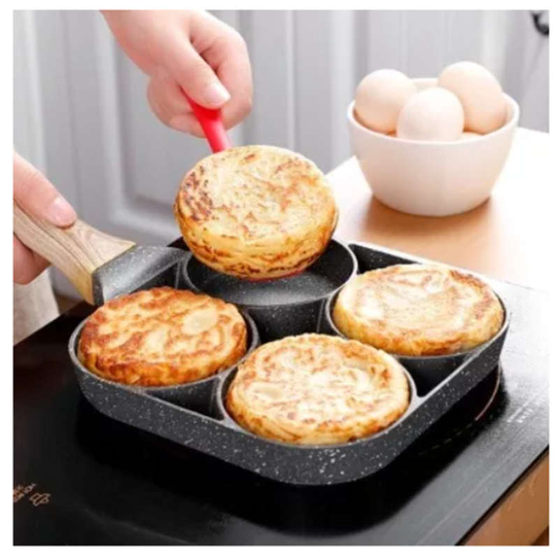 Convenient 4-Hole Omelette Pan For Hamburger Egg Ham Pancake Maker Wooden Handle Frying Pan Chef