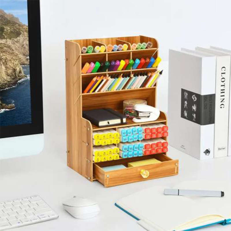 Essential Wooden Diy Desk Storage Box For Home, Desktop Stationery Storage Box With Compartment Draw