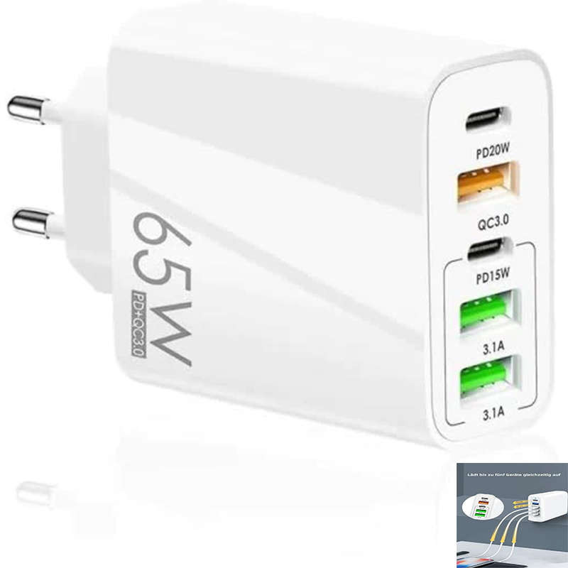 Multifunctional 65W Usb C Charger, 5-Port Mobile Phone Charger, Compatible With Gan Technology Fast