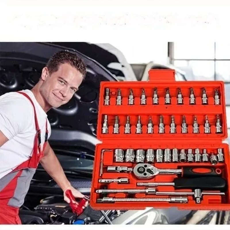 Convenient, Practical And Multi-Functional 46-Piece 1/4-Inch Socket Set Car Repair Tools Ratchet Wre
