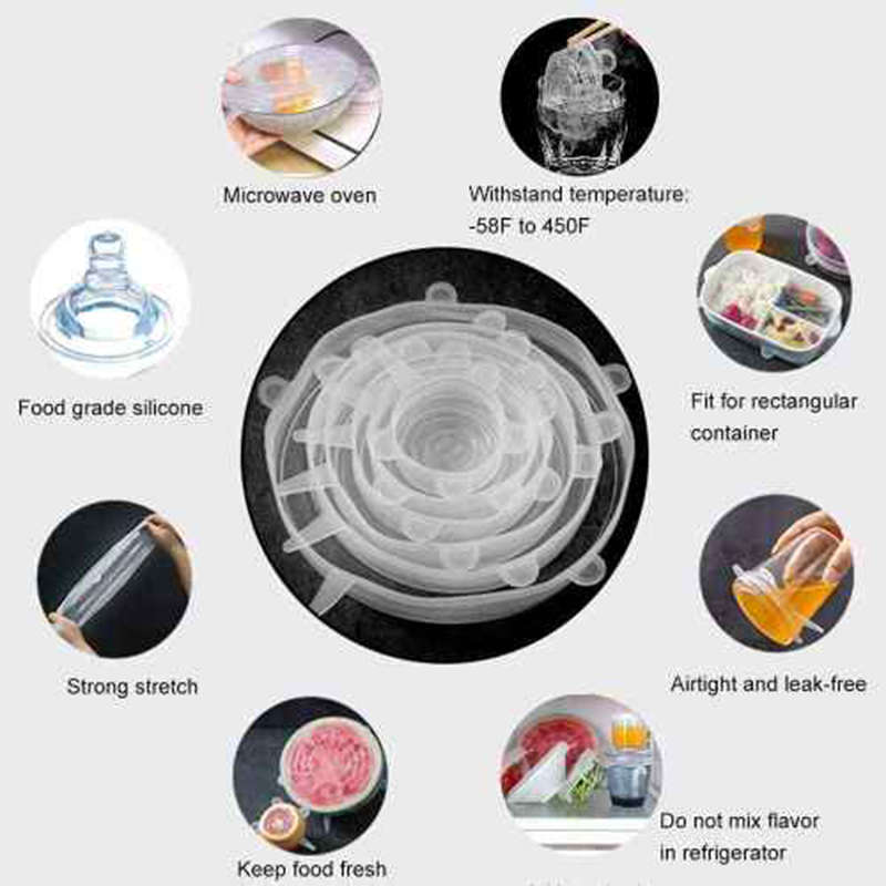Reusable Food Preservation Silicone Stretch Lids For Home Use 6-Pack