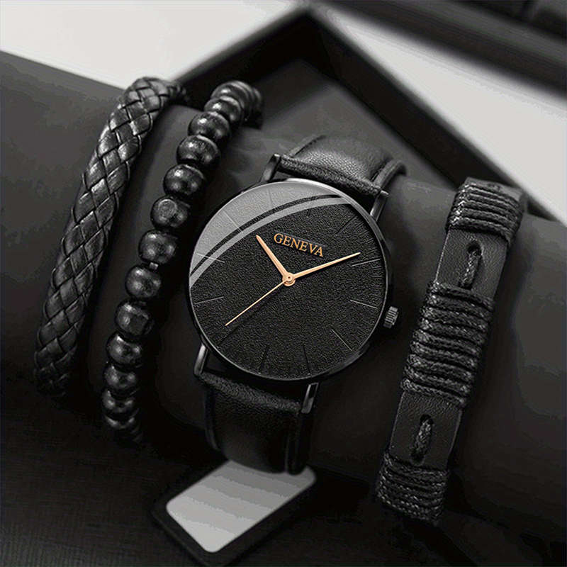 1 Piece Casual Business Men`s Quartz Watch And 3 Pieces Bracelets
