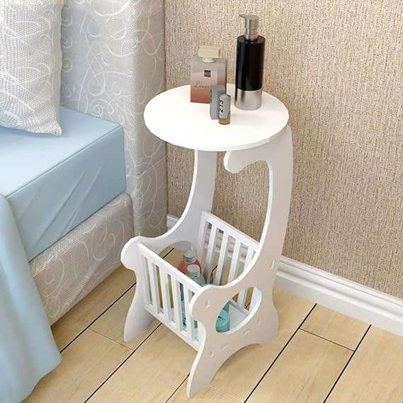 Round Side Table With Magazine Rack In White For Living Room