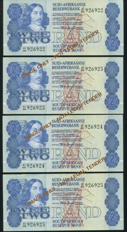 TWO RAND T W DE JONGH UNC BANKNOTES IN SERIES X 4 NOTES - 1978 4TH ISSUE