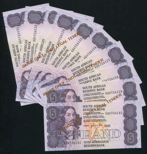 FIVE RAND unc G DE KOCK BANKNOTES IN SERIES X 10 - 3RD ISSUE 1989