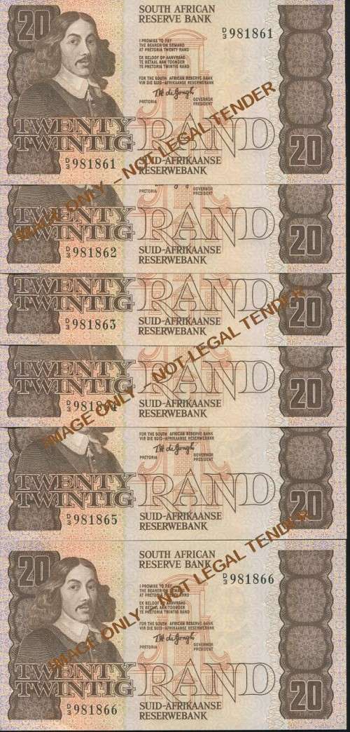 TWENTY RAND T W DE JONGH UNC BANKNOTES IN SERIES X 6 NOTES - 1979 - 4th ISSUE