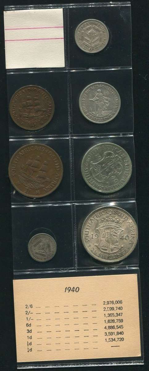SA 1940 COINS IN ALBUM PAGE - 7 coins